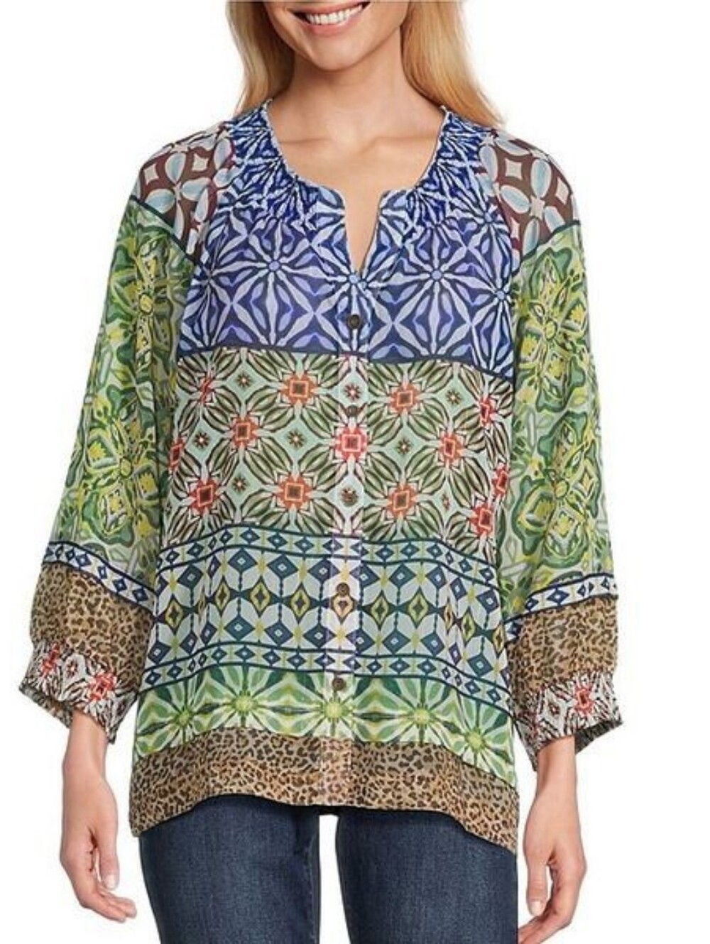 John Mark Multi Print Y-Neck 3/4 Raglan Sleeve Button-Front Top Sheer XL $109